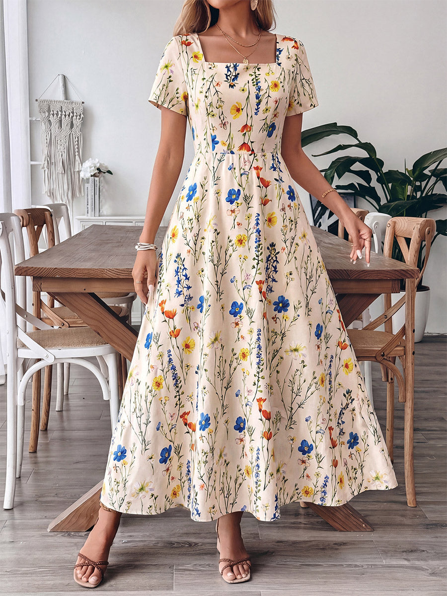 Vacation Sundress Maxi Square Neck Short Sleeves Floral Print Flowy Dress