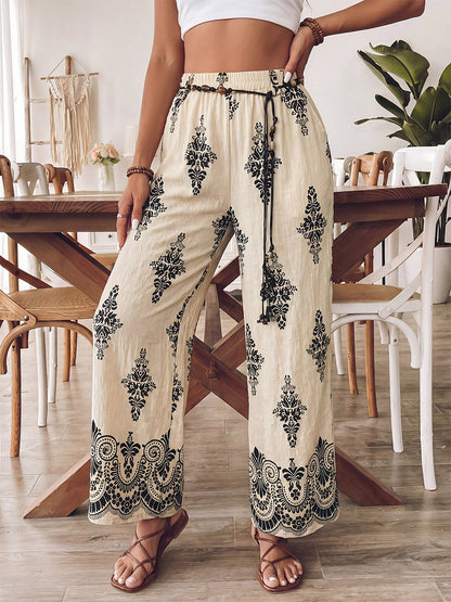Pants Apricot Lace Up Raised Waist Printed Trousers