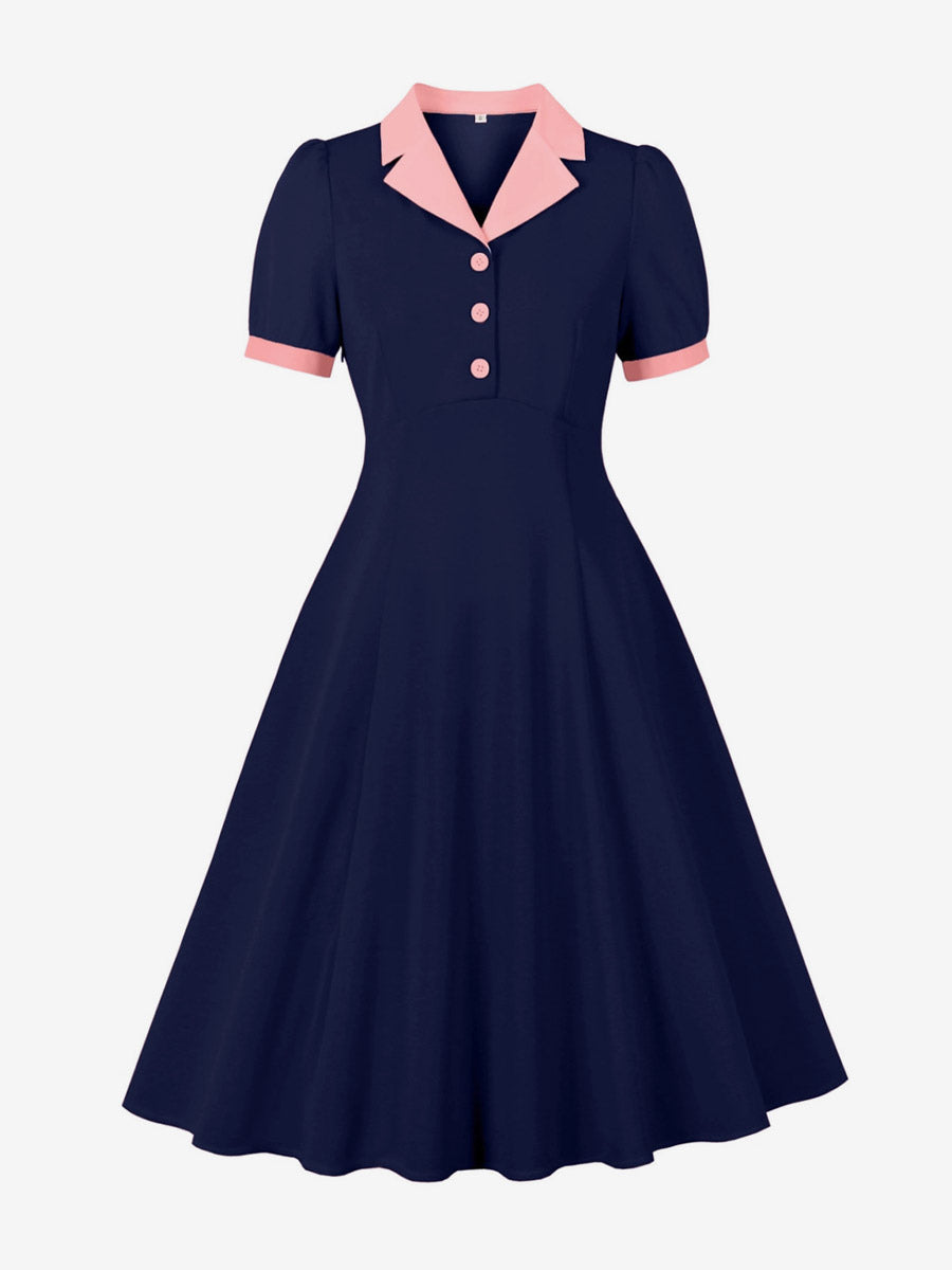 1950s Vintage Lapel Collar Swing Dress Puff Short Sleeve Button Retro Rockabilly Dress