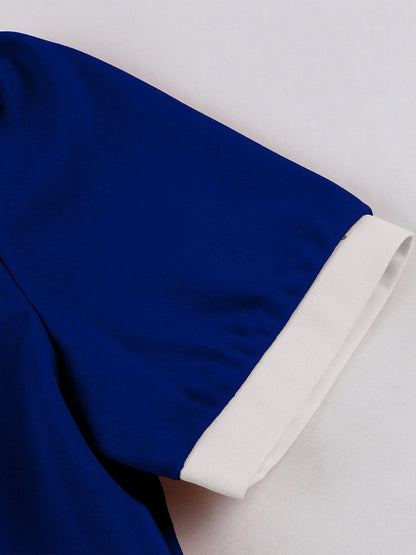 1950s Vintage Lapel Collar Swing Dress Puff Short Sleeve Button Retro Rockabilly Dress