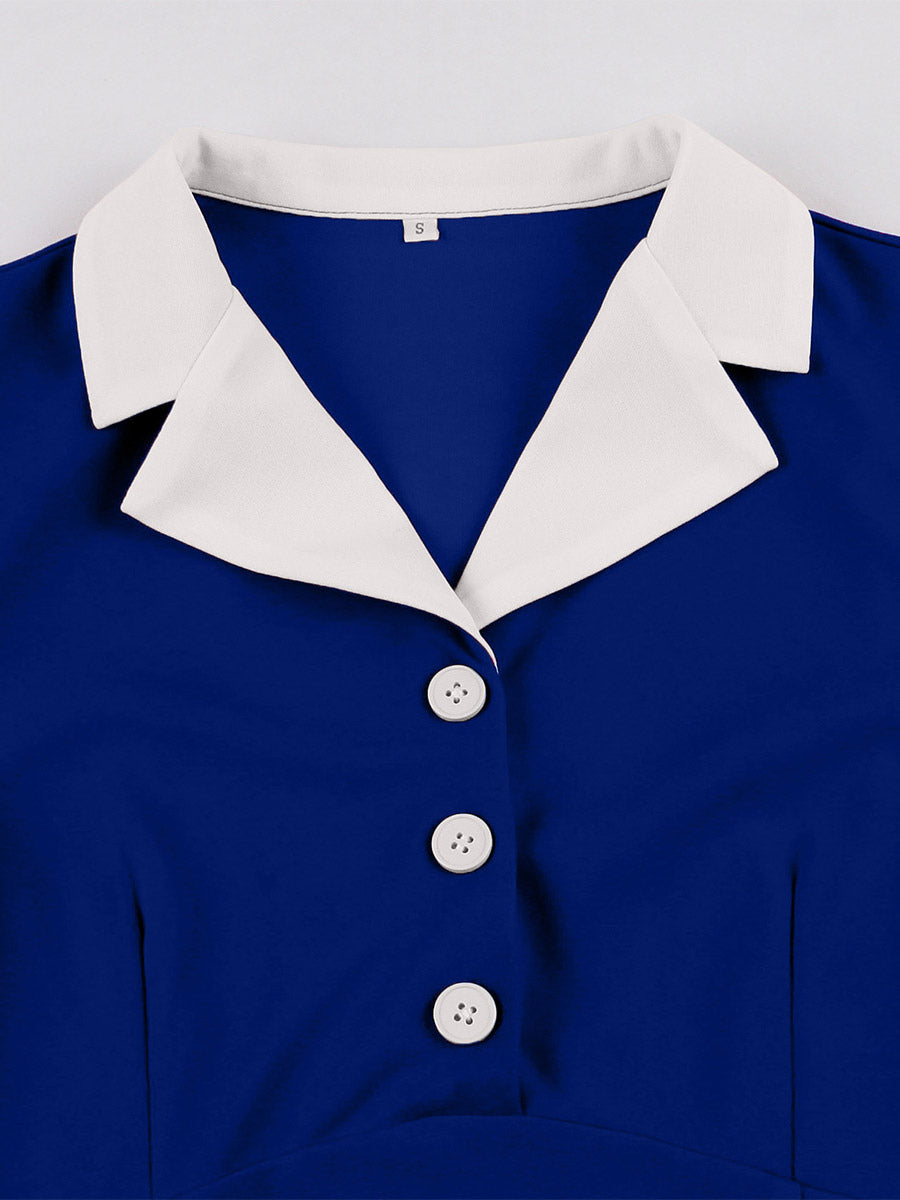 1950s Vintage Lapel Collar Swing Dress Puff Short Sleeve Button Retro Rockabilly Dress