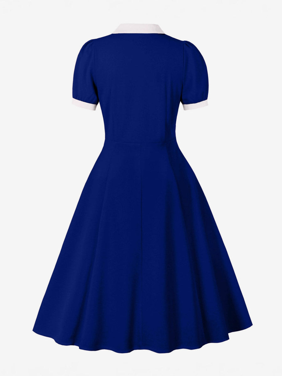 1950s Vintage Lapel Collar Swing Dress Puff Short Sleeve Button Retro Rockabilly Dress