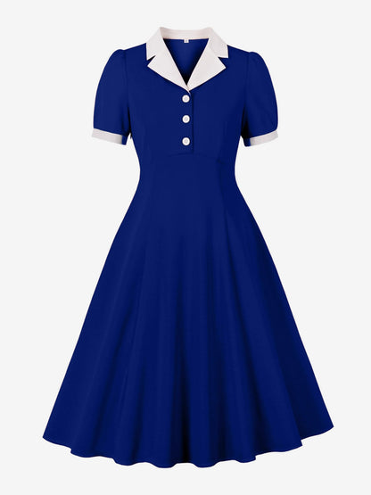 1950s Vintage Lapel Collar Swing Dress Puff Short Sleeve Button Retro Rockabilly Dress