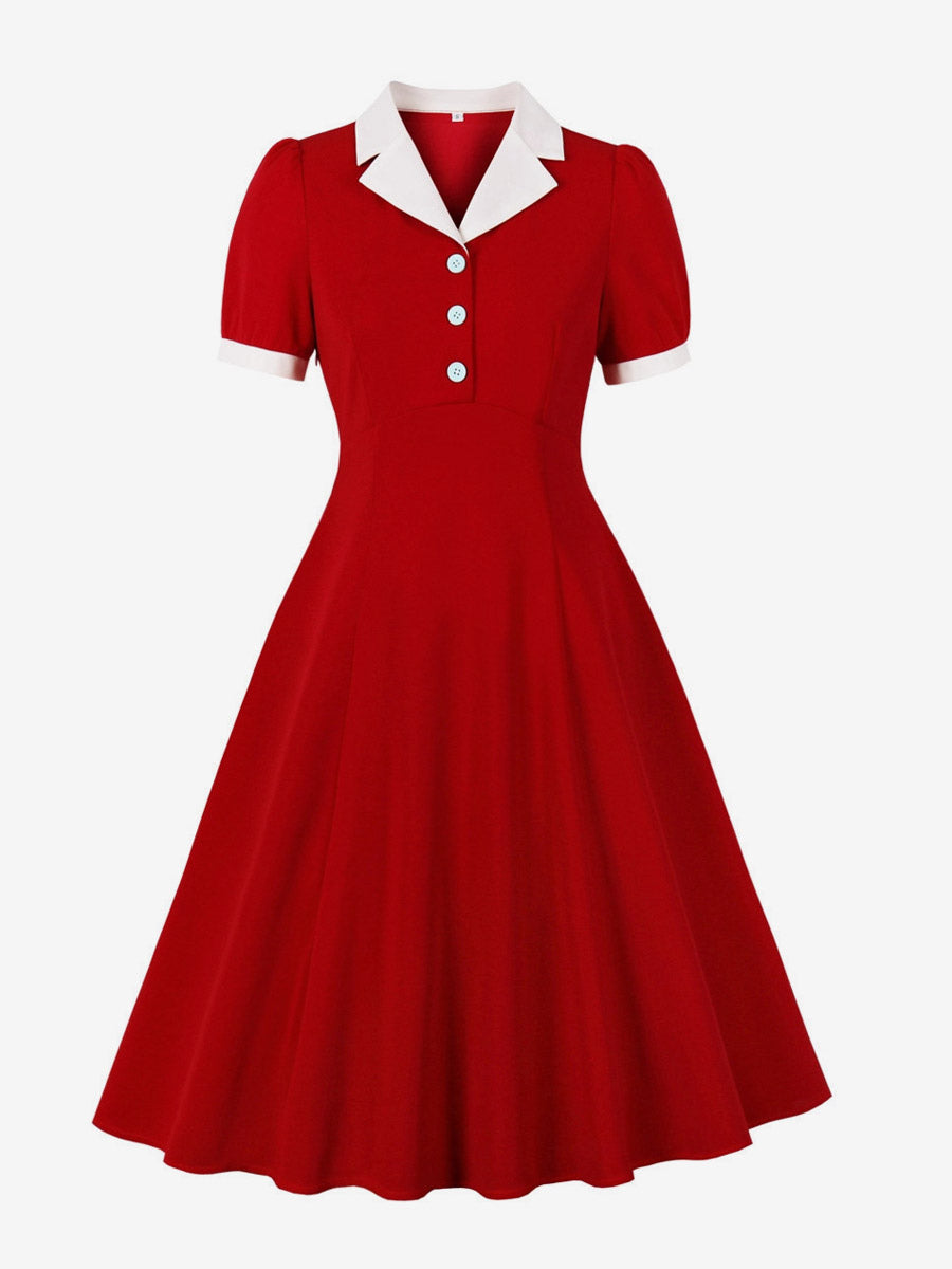 1950s Vintage Lapel Collar Swing Dress Puff Short Sleeve Button Retro Rockabilly Dress