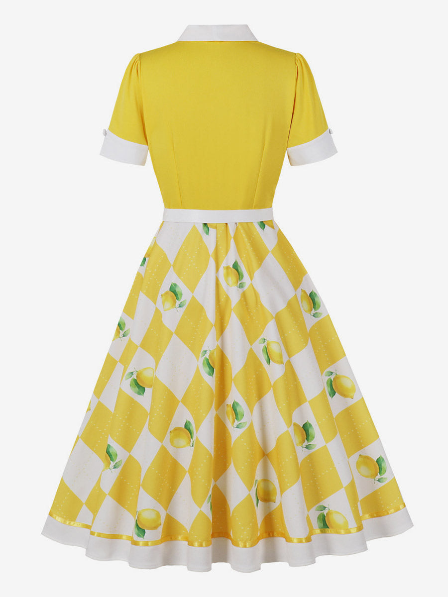 1950s Vintage Fruit Print Swing Dress Contrast Collar Puff Sleeve Belted Midi Dress