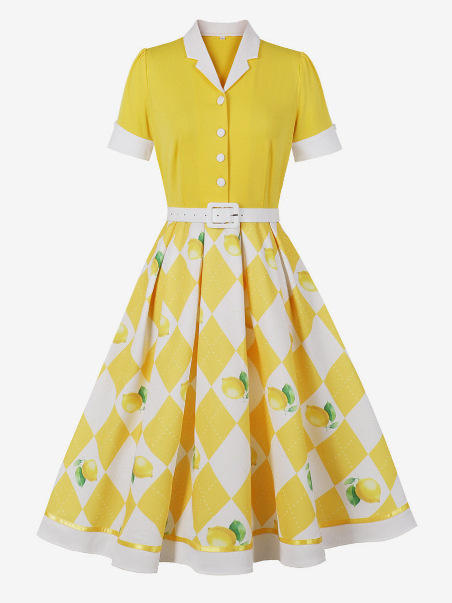 1950s Vintage Fruit Print Swing Dress Contrast Collar Puff Sleeve Belted Midi Dress