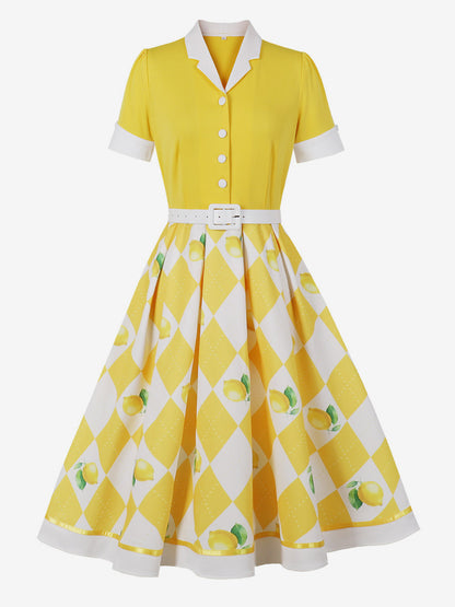 1950s Vintage Fruit Print Swing Dress Contrast Collar Puff Sleeve Belted Midi Dress