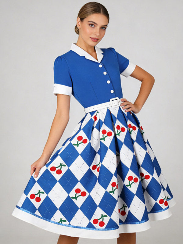 1950s Vintage Fruit Print Swing Dress Contrast Collar Puff Sleeve Belted Midi Dress