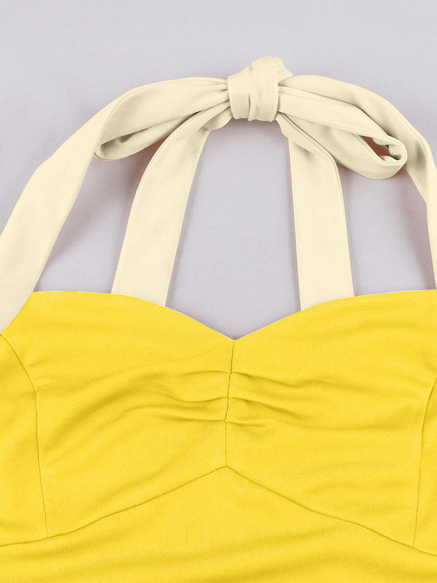 Yellow Halter Neck Vintage Swing Dress Contrast White Belt 50s Retro Rockabilly Dress