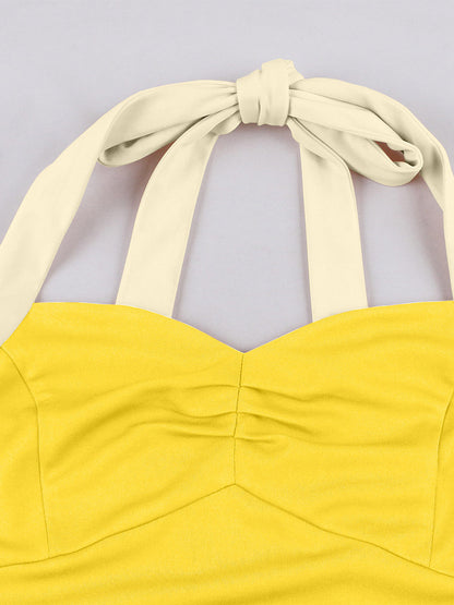 Yellow Halter Neck Vintage Swing Dress Contrast White Belt 50s Retro Rockabilly Dress