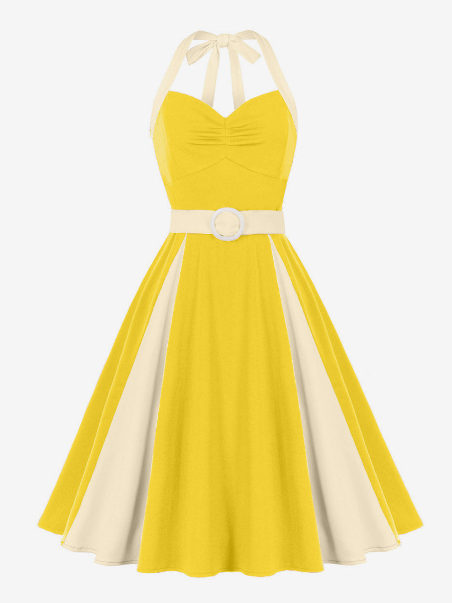 Yellow Halter Neck Vintage Swing Dress Contrast White Belt 50s Retro Rockabilly Dress