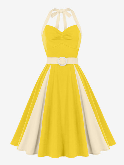Yellow Halter Neck Vintage Swing Dress Contrast White Belt 50s Retro Rockabilly Dress
