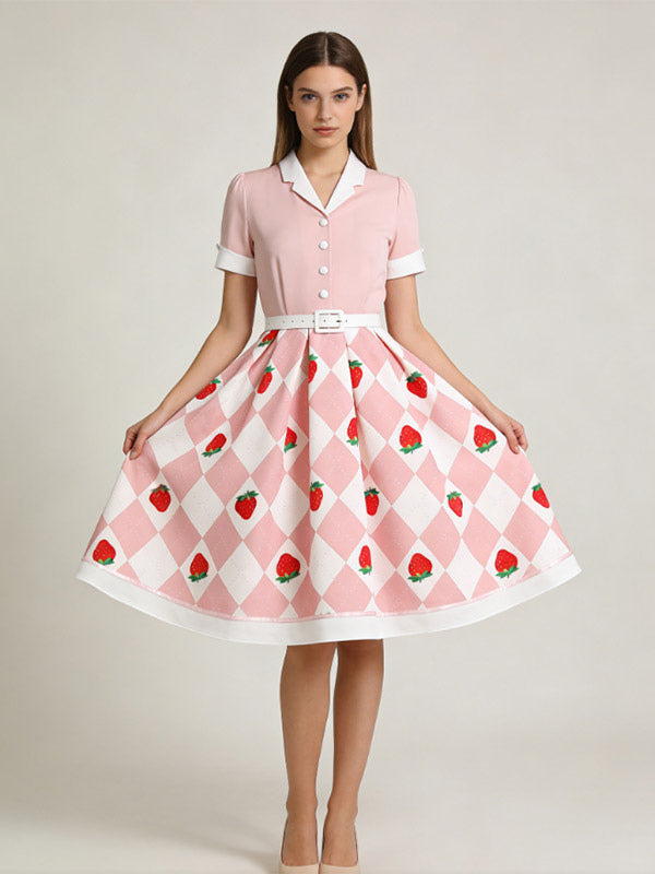 1950s Vintage Fruit Print Swing Dress Contrast Collar Puff Sleeve Belted Midi Dress