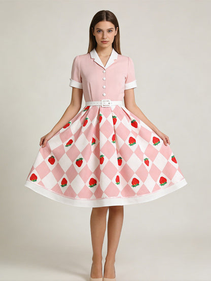 1950s Vintage Fruit Print Swing Dress Contrast Collar Puff Sleeve Belted Midi Dress