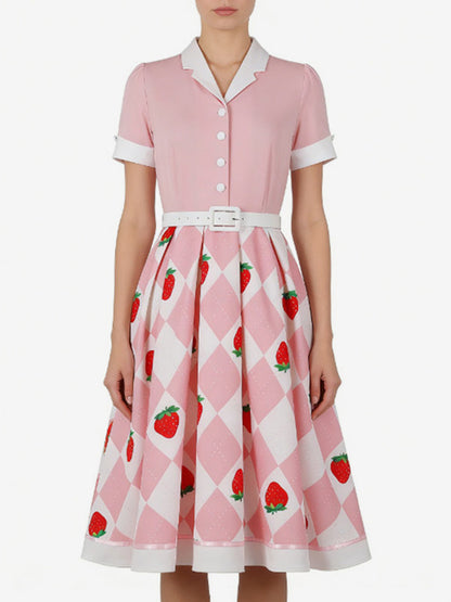 1950s Vintage Fruit Print Swing Dress Contrast Collar Puff Sleeve Belted Midi Dress