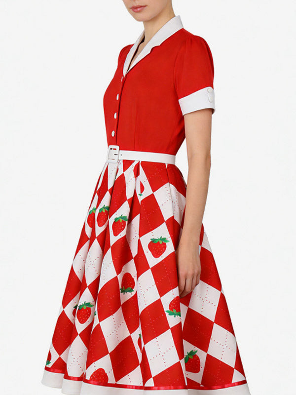 1950s Vintage Fruit Print Swing Dress Contrast Collar Puff Sleeve Belted Midi Dress