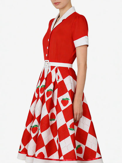 1950s Vintage Fruit Print Swing Dress Contrast Collar Puff Sleeve Belted Midi Dress