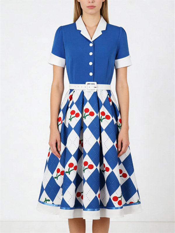 1950s Vintage Fruit Print Swing Dress Contrast Collar Puff Sleeve Belted Midi Dress