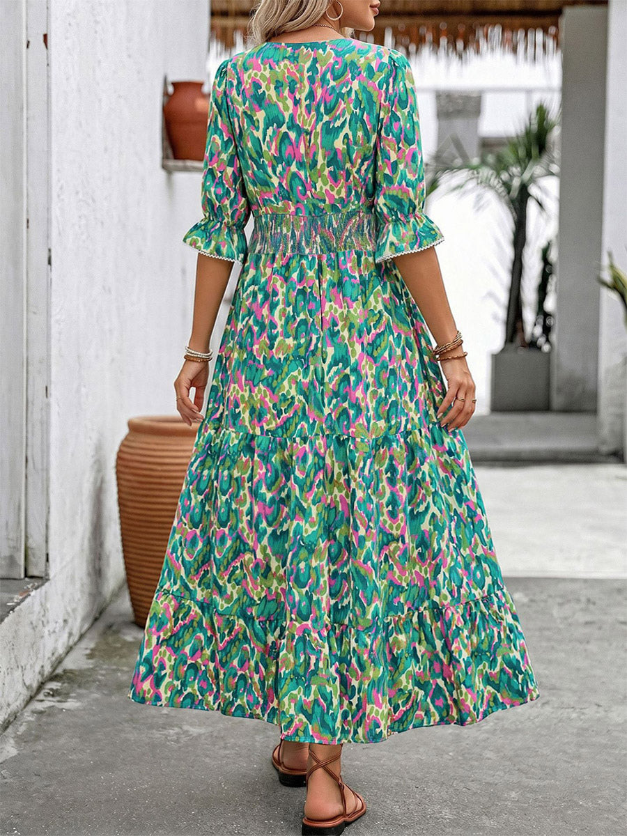 Vacation Maxi Dress Boho Green Abstract Print V Neck Frill Short Sleeve Elastic Waist Tiered Hem Flowy Dress