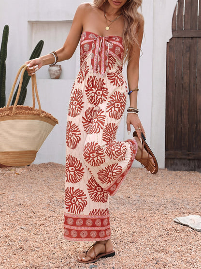 Boho Strapless Floral Print Wide Leg Jumpsuit Women Vacation Beach Outfit