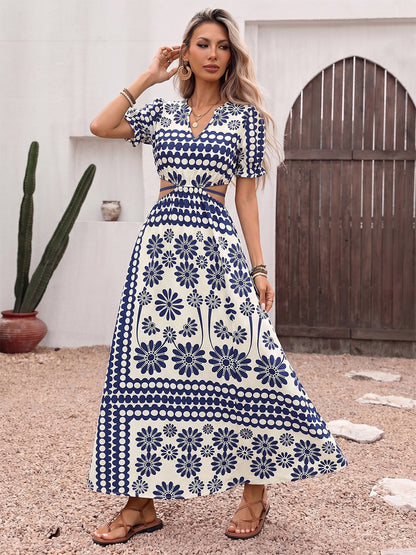 Vacation Dress Flowy Vintage Floral Maxi V Neck Puff Sleeve Summer Dress