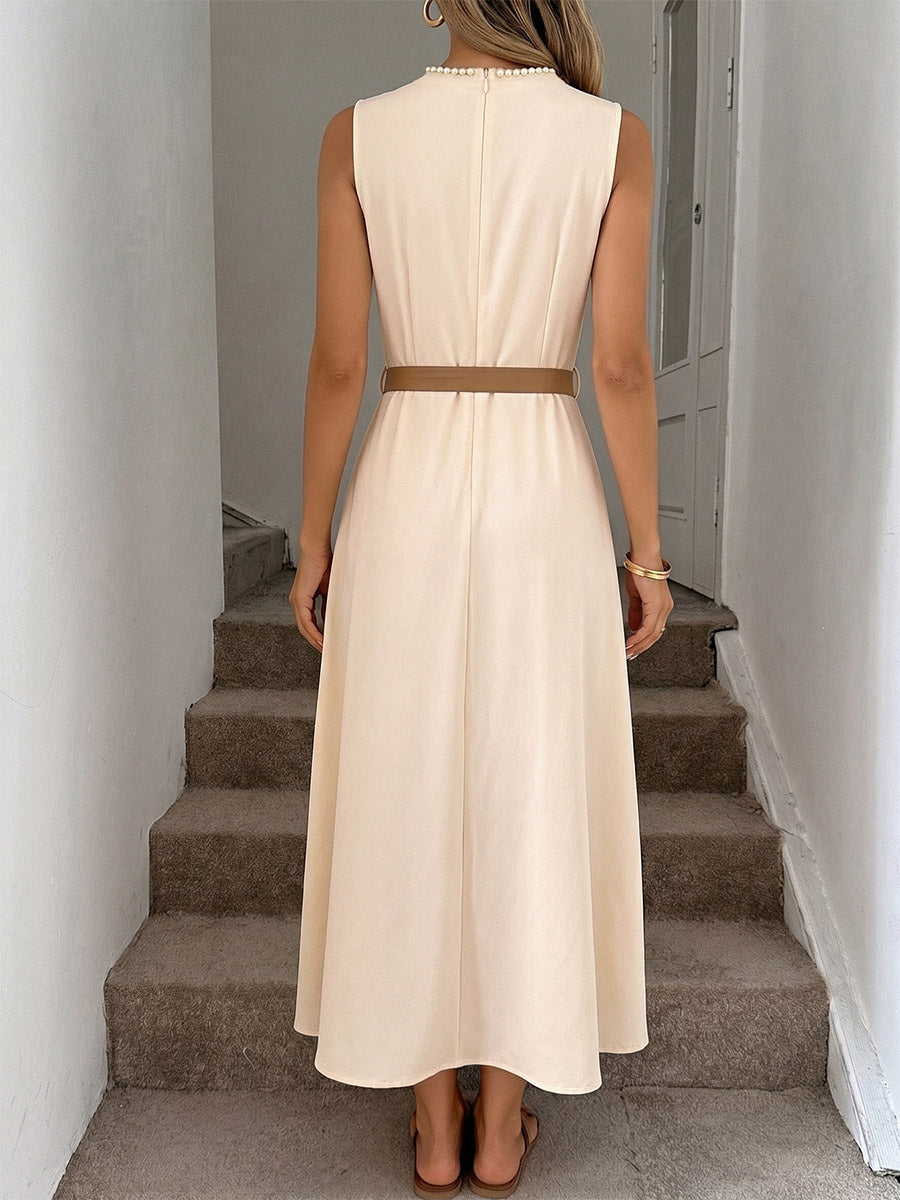 Daily Dresses Casual Midi Cream Satin Sleeveless Pearl Beaded Neckline Self Waist Belt Formal Dress