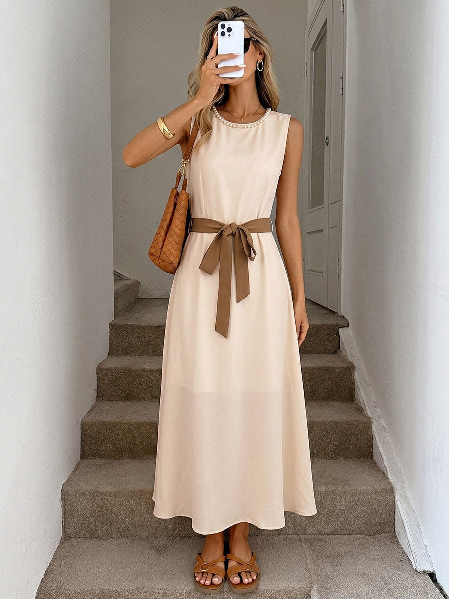 Daily Dresses Casual Midi Cream Satin Sleeveless Pearl Beaded Neckline Self Waist Belt Formal Dress