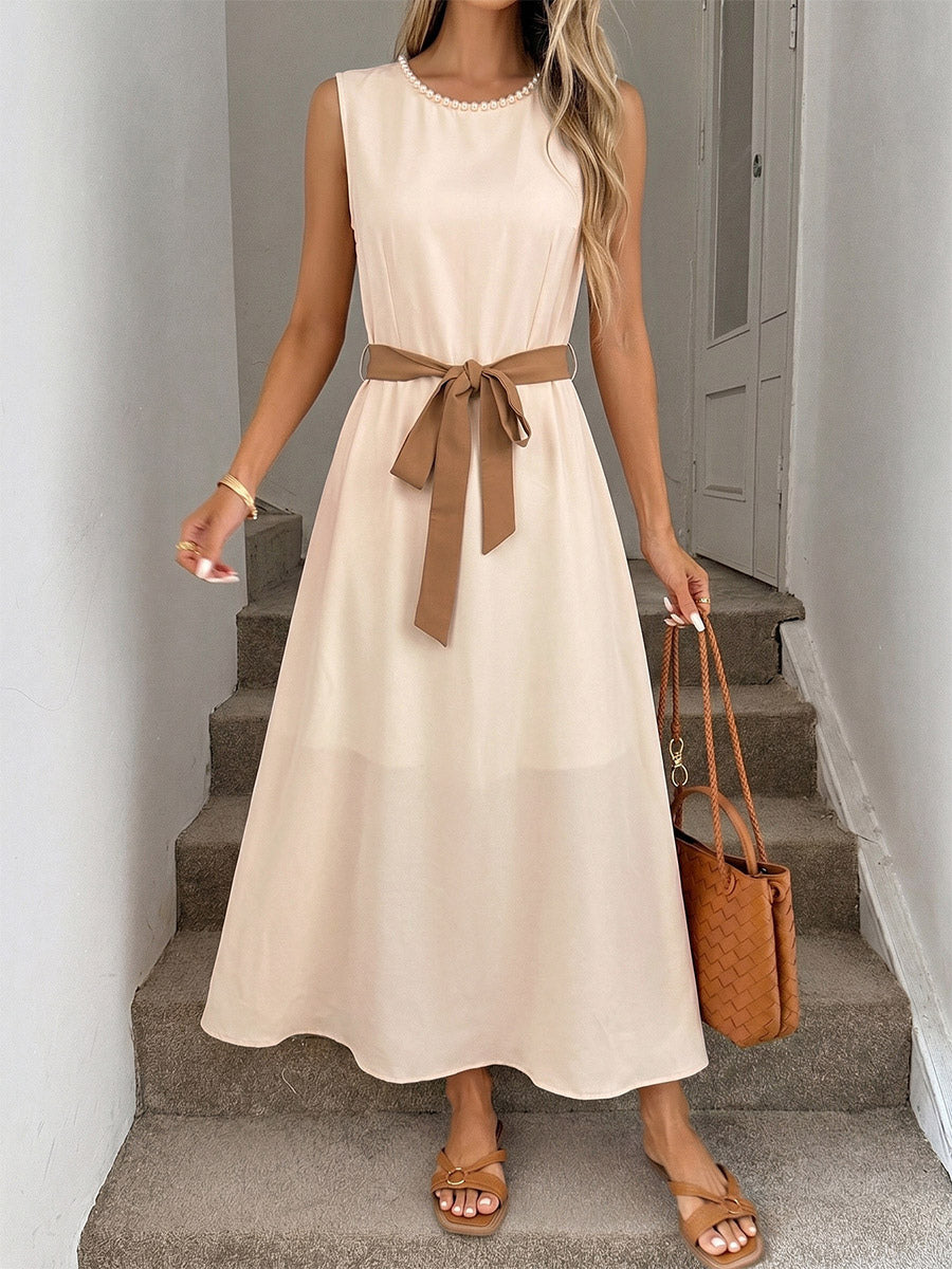 Daily Dresses Casual Midi Cream Satin Sleeveless Pearl Beaded Neckline Self Waist Belt Formal Dress