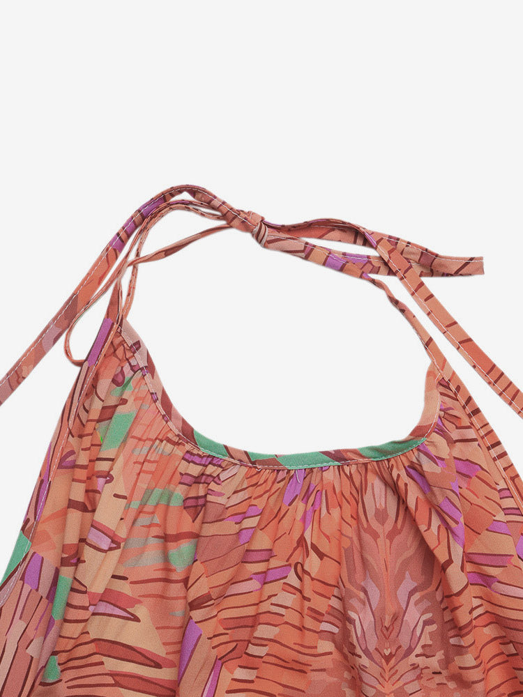 Vacation Maxi Dress Boho Orange Tropical Print Halter Neck Beach Sundress