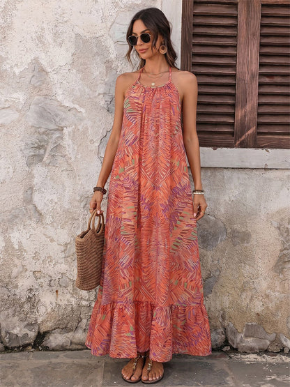 Vacation Maxi Dress Boho Orange Tropical Print Halter Neck Beach Sundress