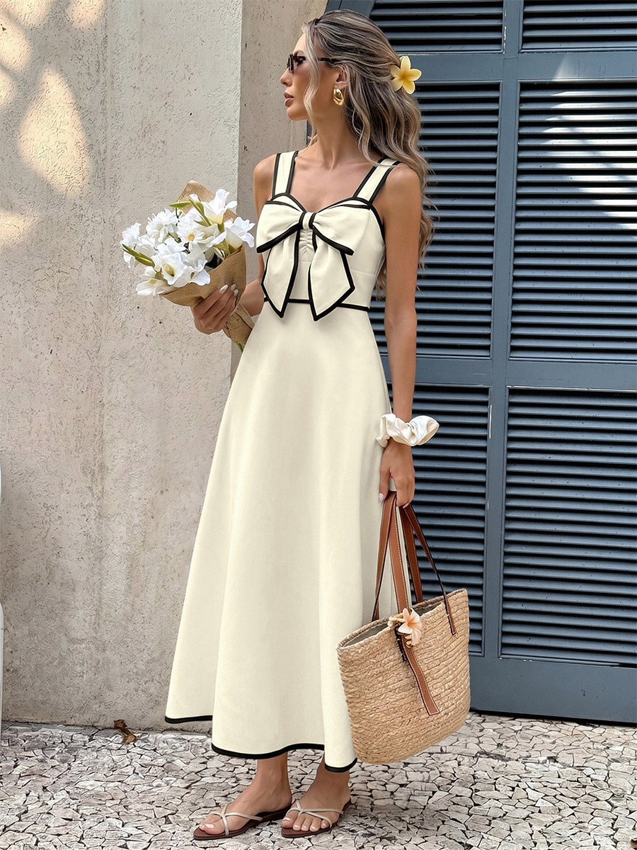 Vacation Dress Ivory Contrast Black Trim Cami Midi Straps Summer Dress