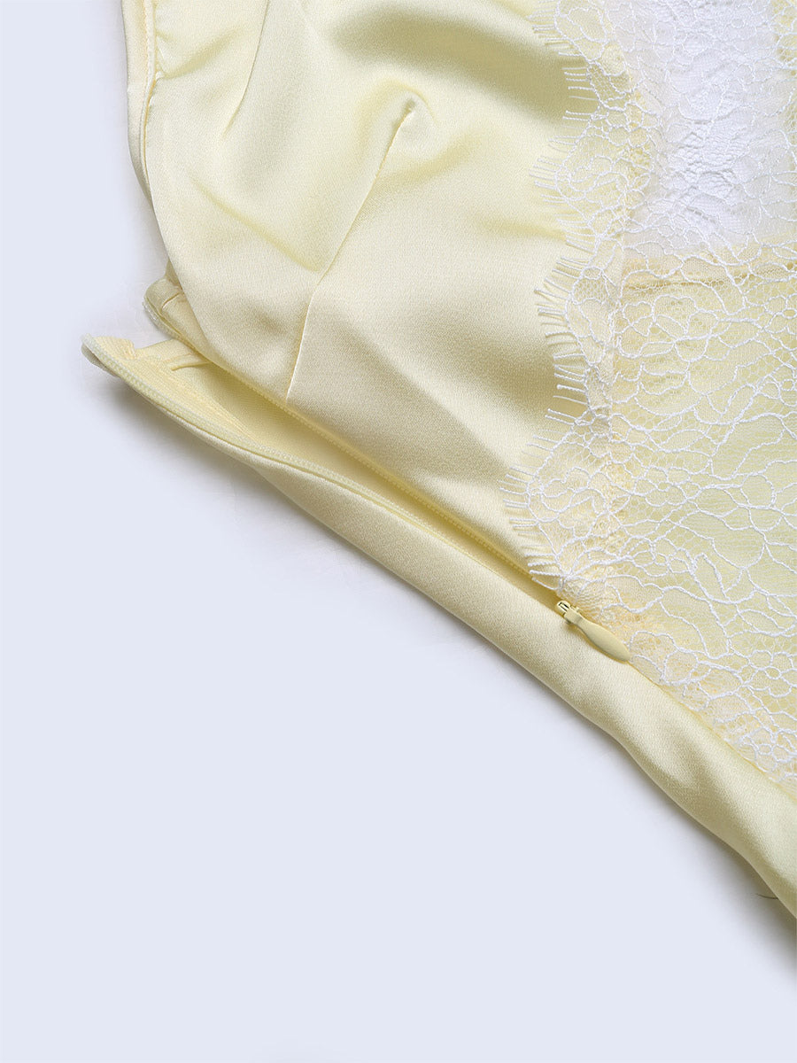 Date Night Dresses Slim Bodycon Yellow Silk Satin Cami Sheer Lace Long Dress