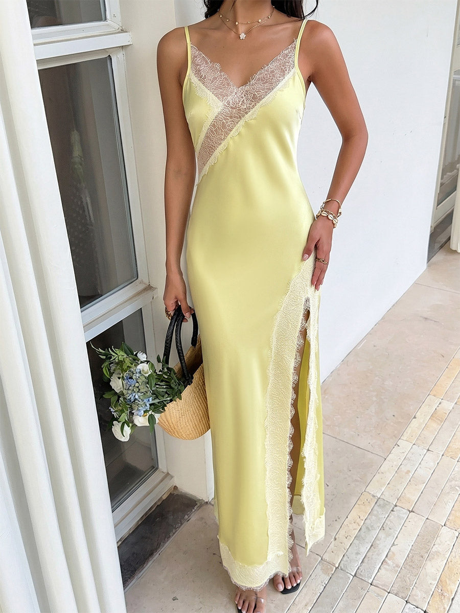 Date Night Dresses Slim Bodycon Yellow Silk Satin Cami Sheer Lace Long Dress