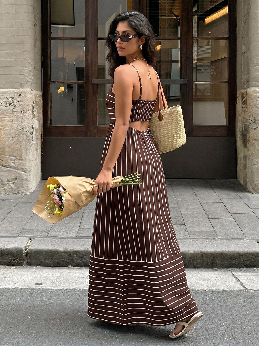 Vacation Long Dress Striped Cami Maxi Square Neck Elastic Cut Out Back Loose Flowy Summer Sundress