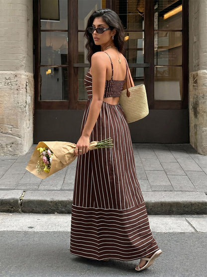 Vacation Long Dress Striped Cami Maxi Square Neck Elastic Cut Out Back Loose Flowy Summer Sundress