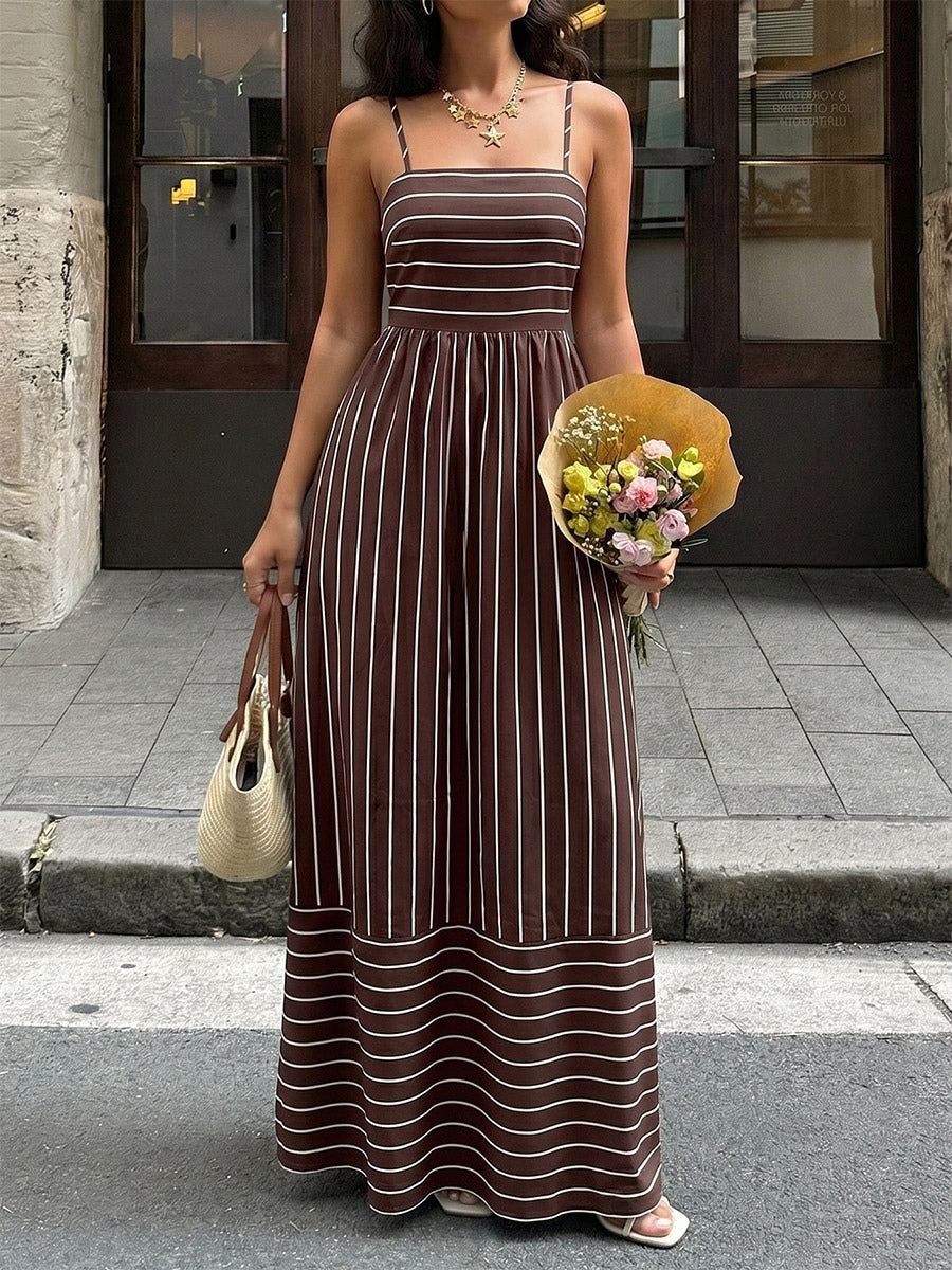 Vacation Long Dress Striped Cami Maxi Square Neck Elastic Cut Out Back Loose Flowy Summer Sundress