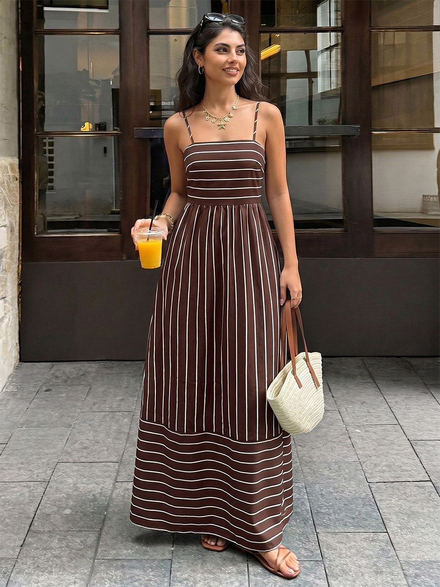 Vacation Long Dress Striped Cami Maxi Square Neck Elastic Cut Out Back Loose Flowy Summer Sundress