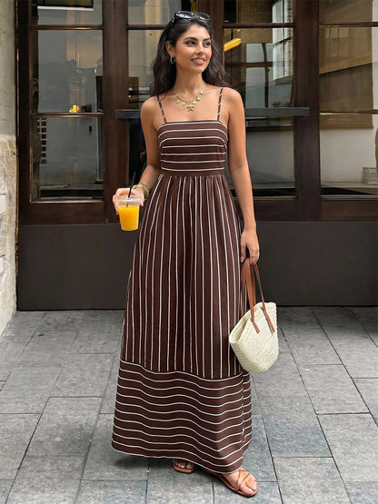 Vacation Long Dress Striped Cami Maxi Square Neck Elastic Cut Out Back Loose Flowy Summer Sundress