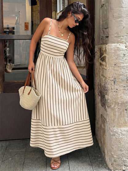 Vacation Long Dress Striped Cami Maxi Square Neck Elastic Cut Out Back Loose Flowy Summer Sundress