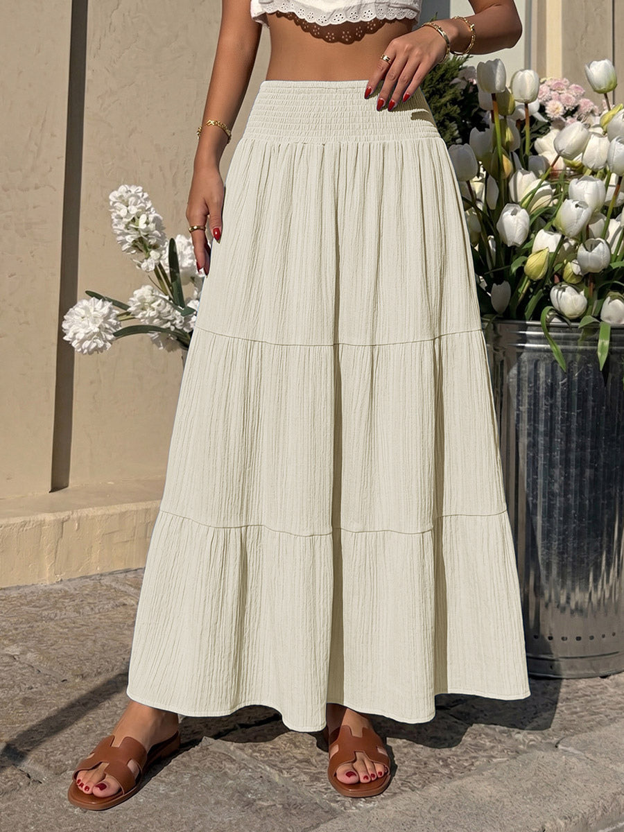 Women Smocked High Waist Tiered Maxi Skirt Textured Flowy Casual Beach Skirt