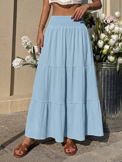 Women Smocked High Waist Tiered Maxi Skirt Textured Flowy Casual Beach Skirt