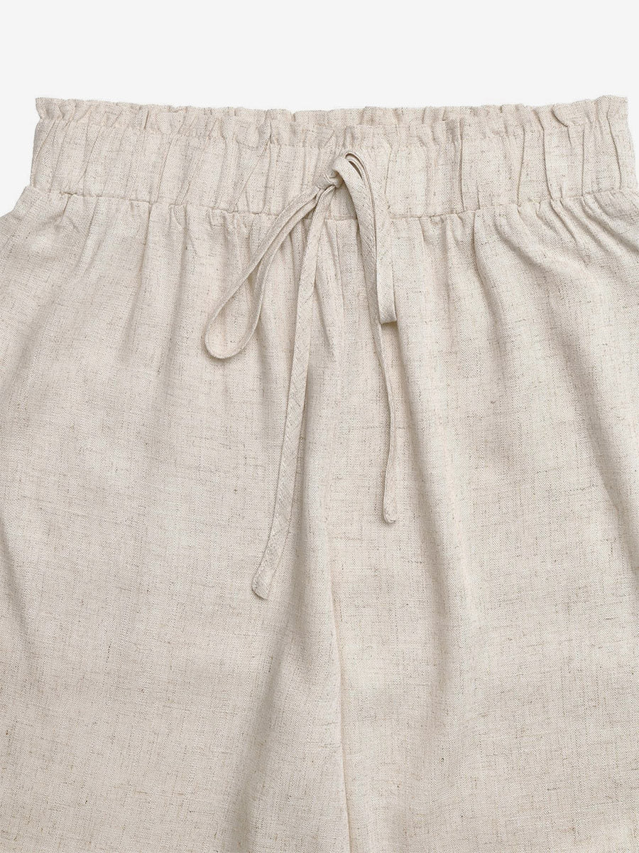 Women Linen Blend Drawstring Wide Leg Pants Lace Hem Elastic Waist Casual Trousers