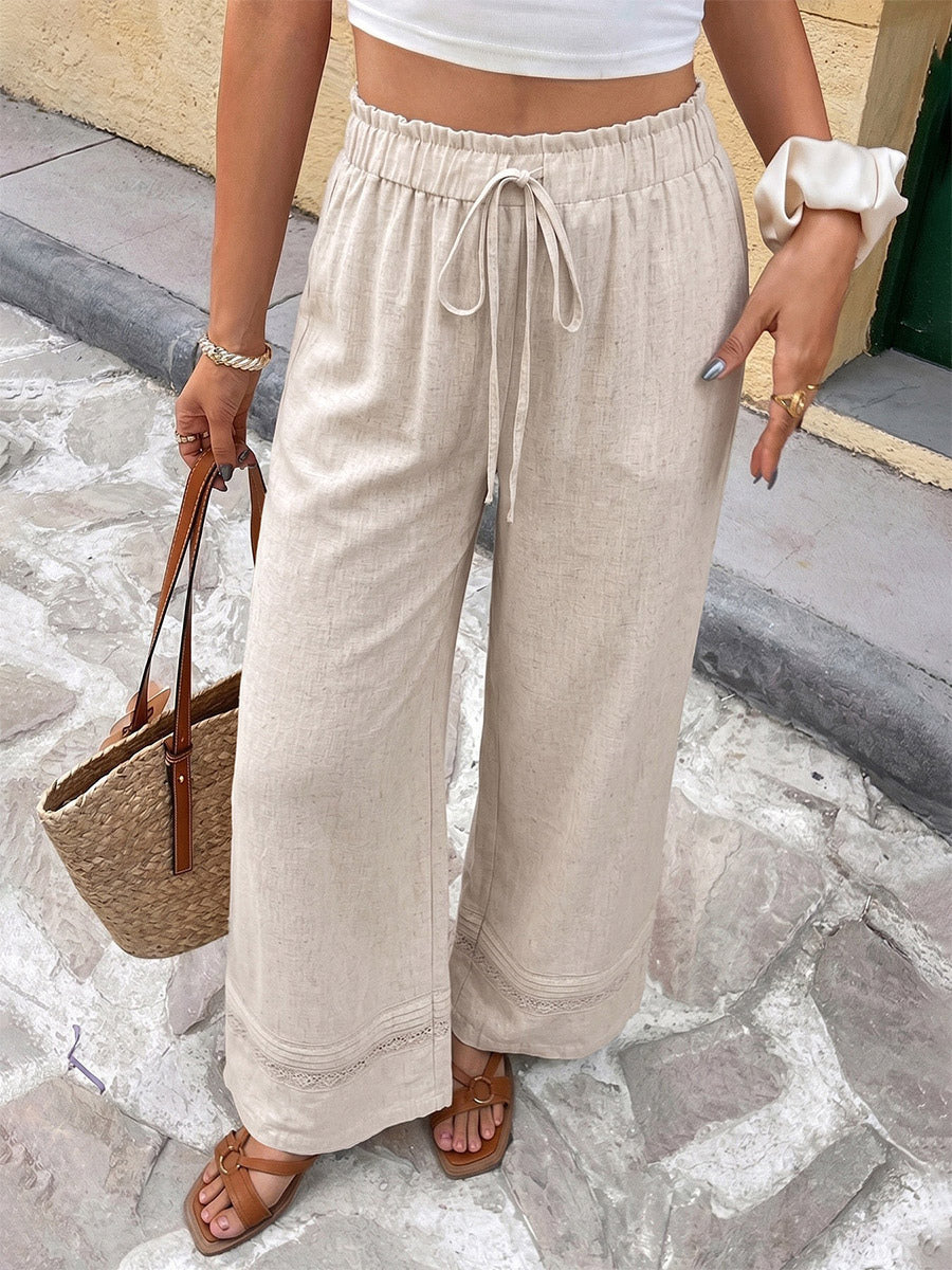 Women Linen Blend Drawstring Wide Leg Pants Lace Hem Elastic Waist Casual Trousers