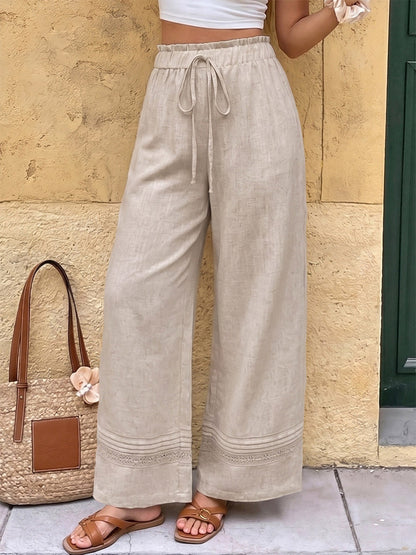 Women Linen Blend Drawstring Wide Leg Pants Lace Hem Elastic Waist Casual Trousers
