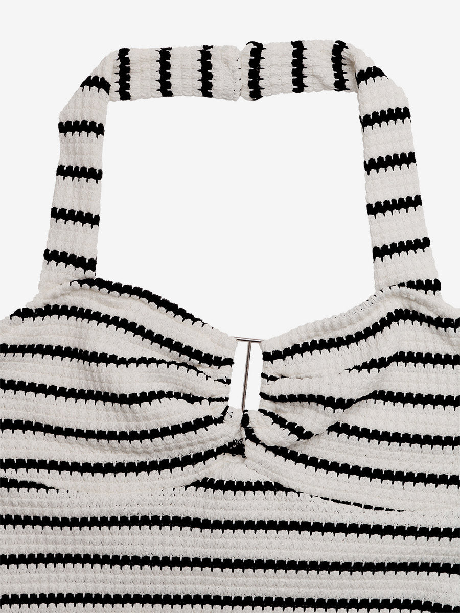 Vacation Dresses Bodycon Tight Knit Striped Halter Mini Summer Beach Dress