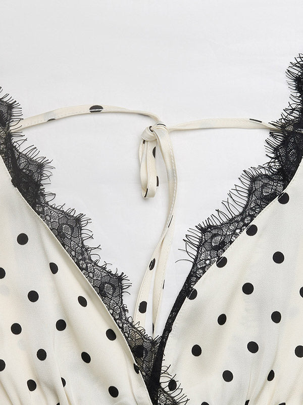 Vacation Dresses Flowy Midi Polka Dot Ivory Deep V Neck Ruffle Sleeve Lace Open Back Self Tie Waist Dress