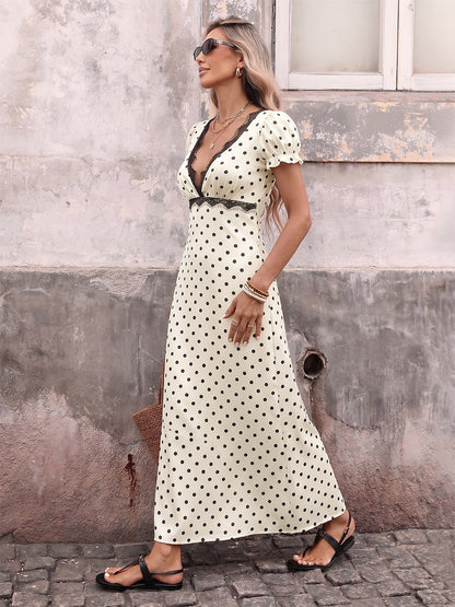 Vacation Dresses Flowy Midi Polka Dot Ivory Deep V Neck Ruffle Sleeve Lace Open Back Self Tie Waist Dress