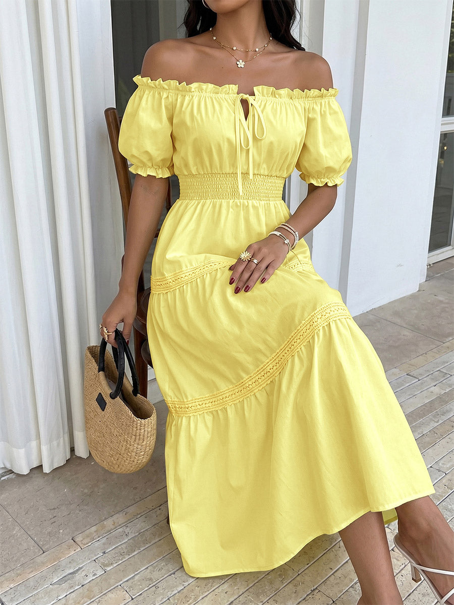 Vacation Dresses Midi Off The Shoulder Puff Sleeve Summer Beach Sundress
