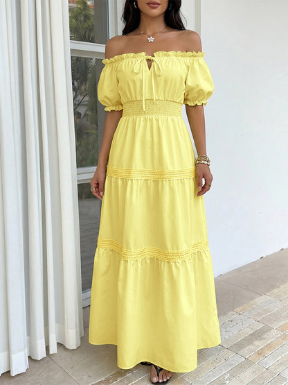 Vacation Dresses Midi Off The Shoulder Puff Sleeve Summer Beach Sundress