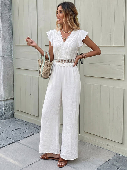 Boho Off-White Textured Jumpsuit V-Neck Ruffle Short Sleeve Crochet Lace Cutout High Waist Wide Leg Casual Playsuit